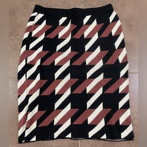 Ann Taylor Factory Knit Pencil Skirt Geometric Print Black Brown Ivory Size L
